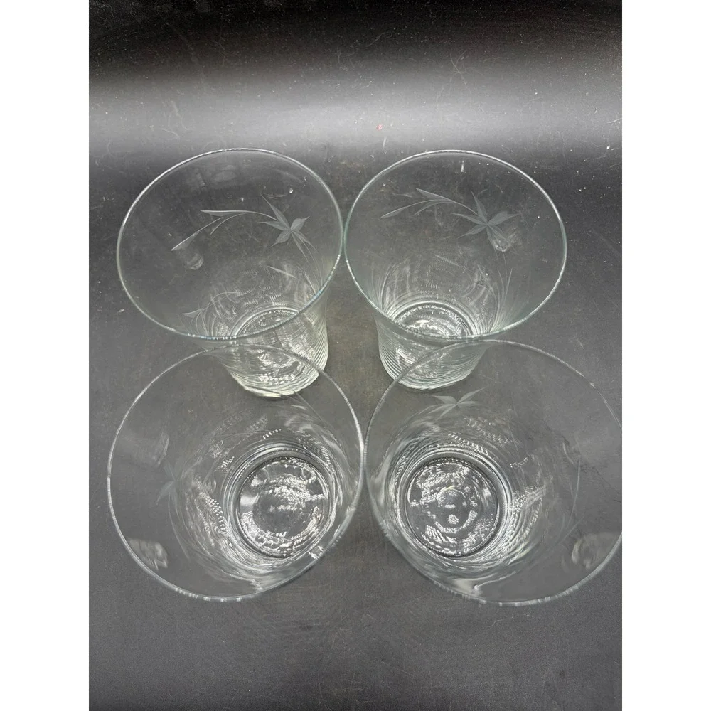 Vintage Etched Starburst Wheat Juice Glasses Set of 4 Clear Mid Century Modern
